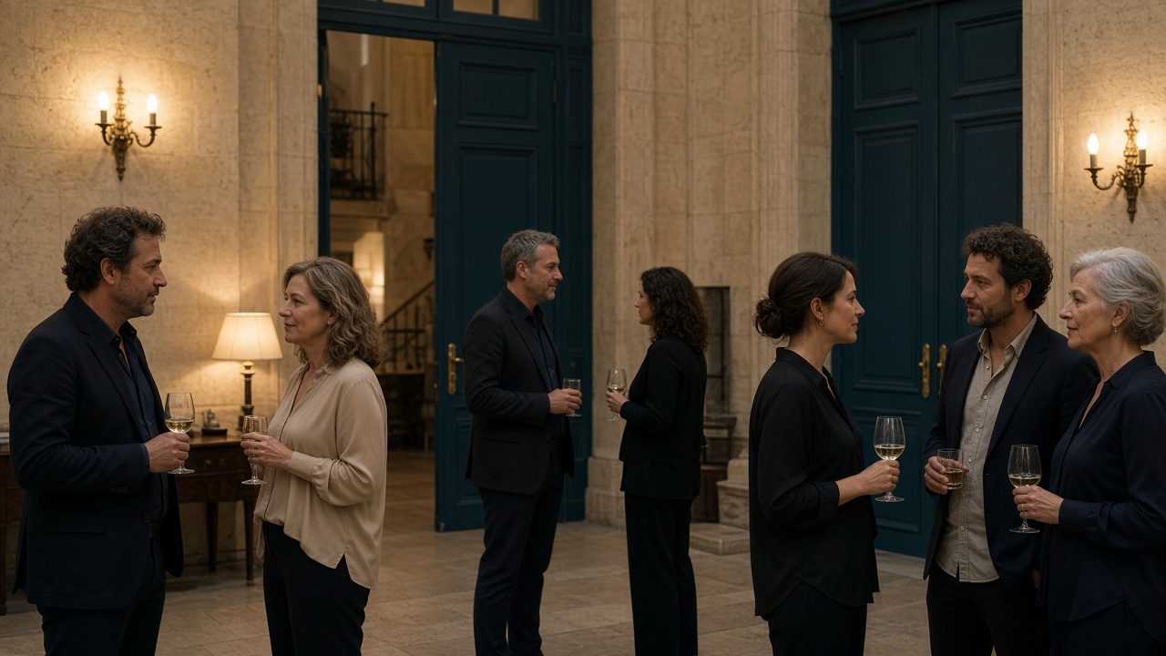 Adultos reunidos en el vestíbulo al anochecer