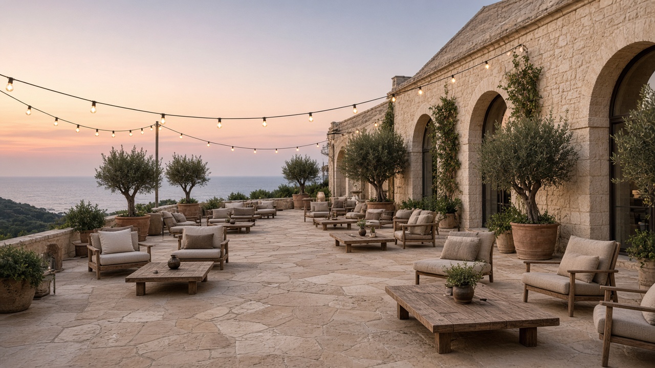 Terraza abierta con olivos y luces bajas